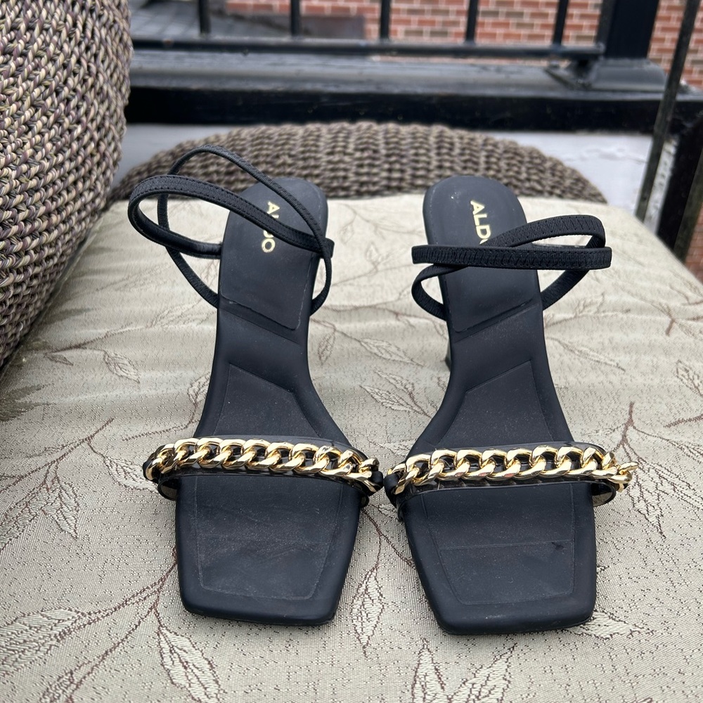 Aldo black/gold square toe sandals with gold chain link detail